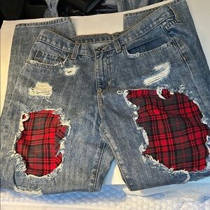Carmar Blue distressed Straight Leg Jeans with Red Plaid Accents
